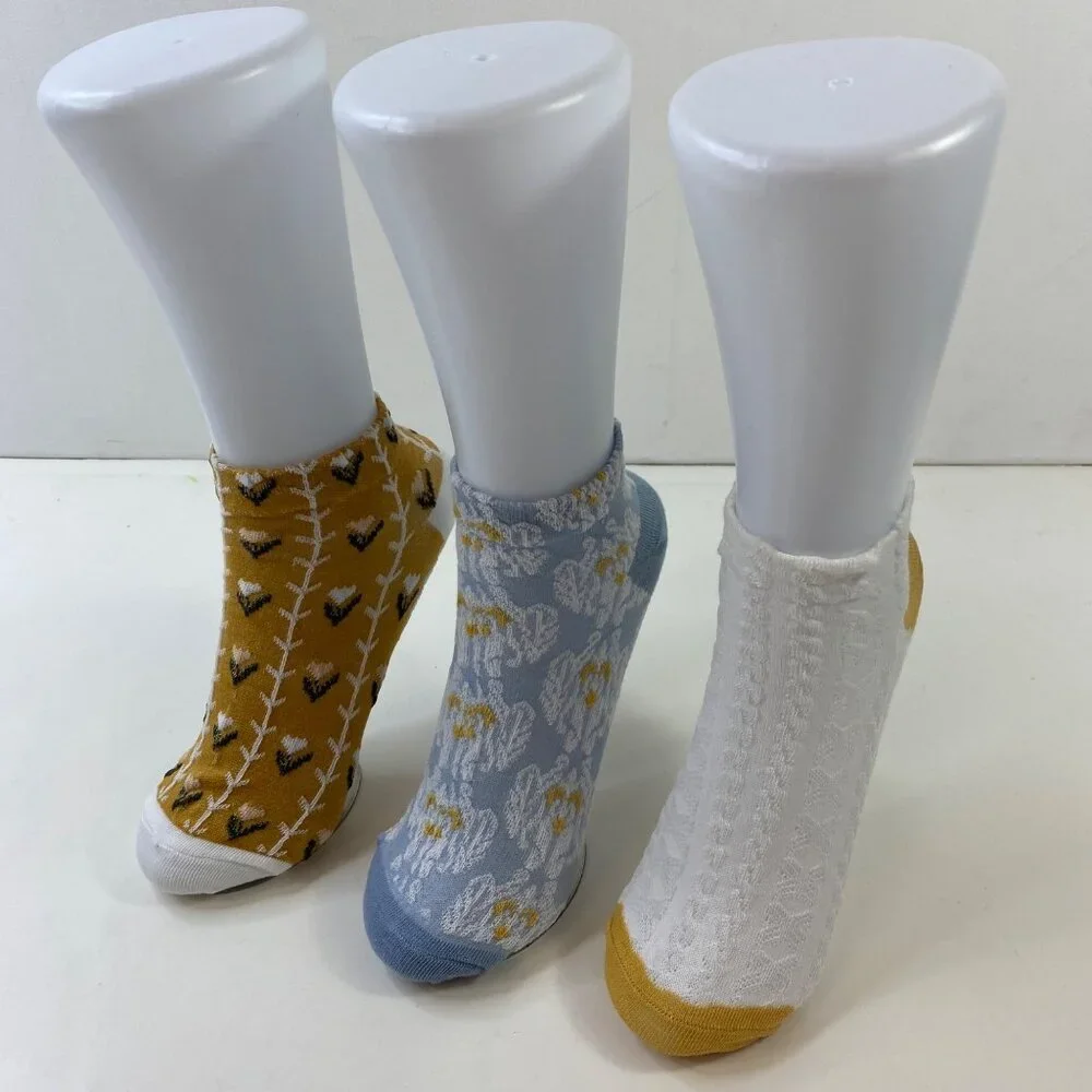 Womens Ankle Socks Set Of 3 Daisy Honeycomb Cable Knit Yellow Blue White